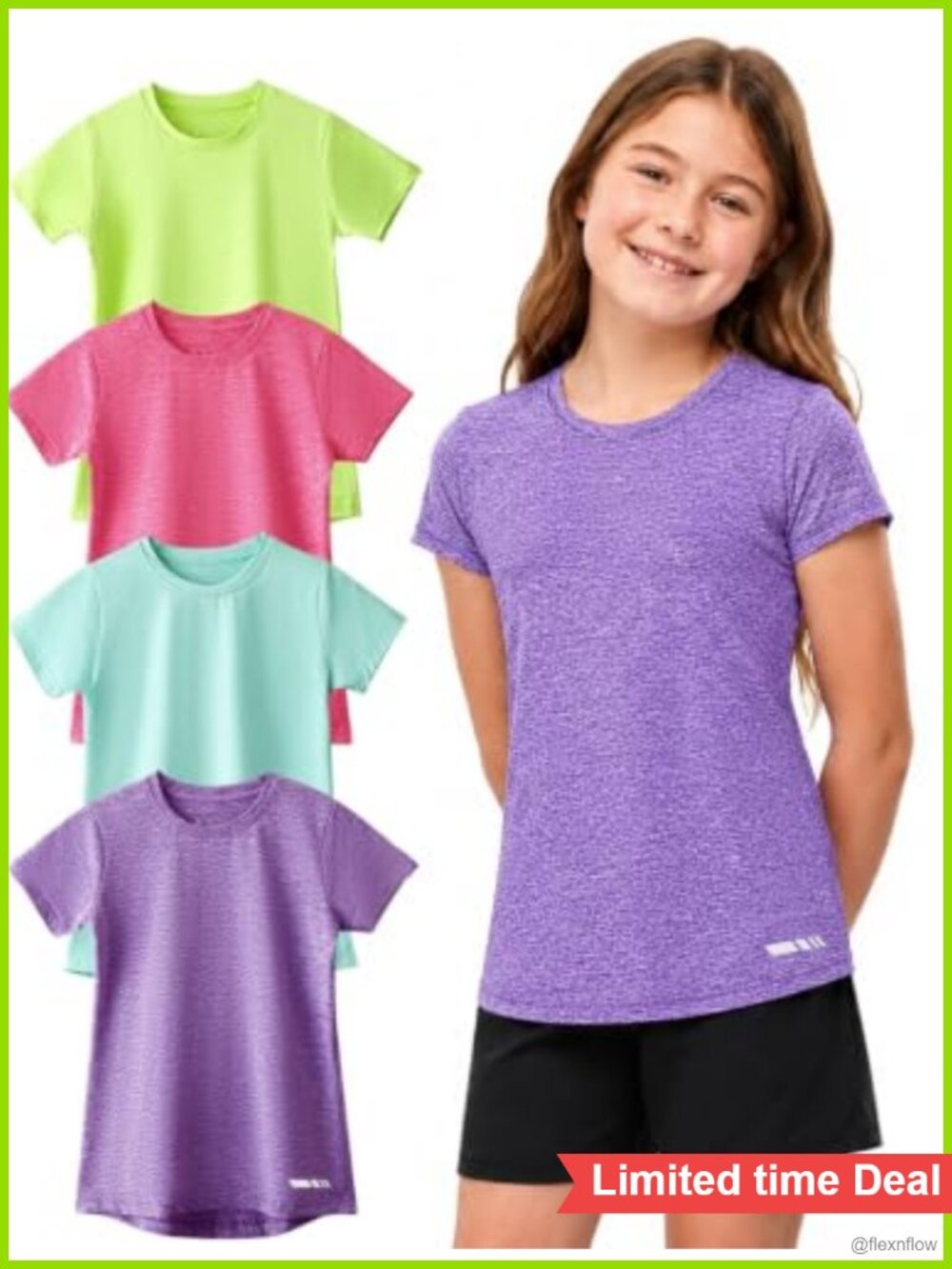 4 Pack Girls Athletic Short Sleeve Dry Fit T-Shirts Crew Neck